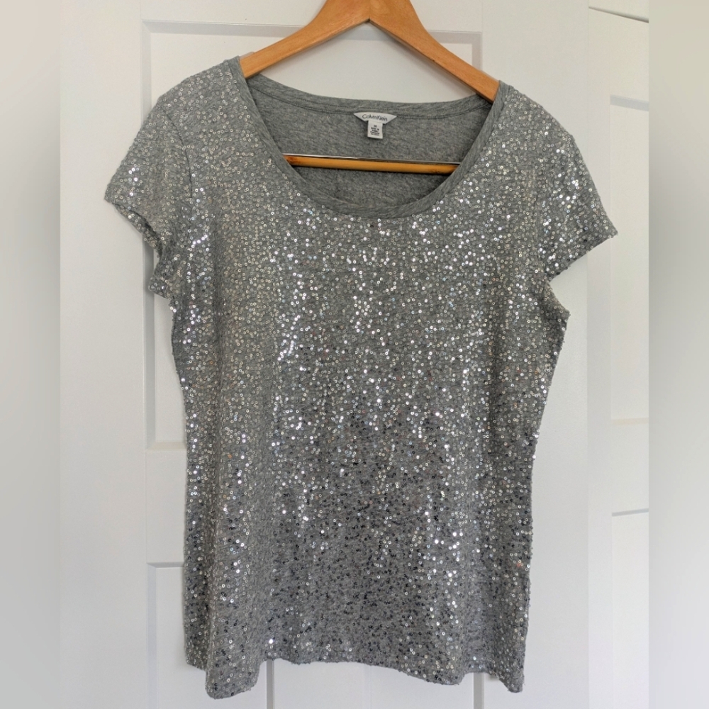 Calvin Klein Silver Sequin Short Sleeve Top